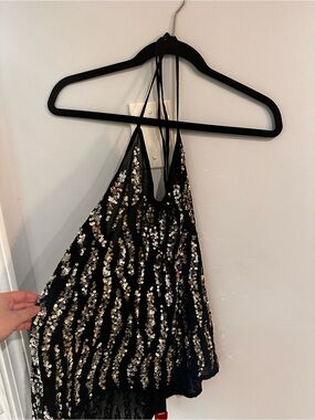 Buckle Black Halter Sequin Tank with Gold & Silver Accents
